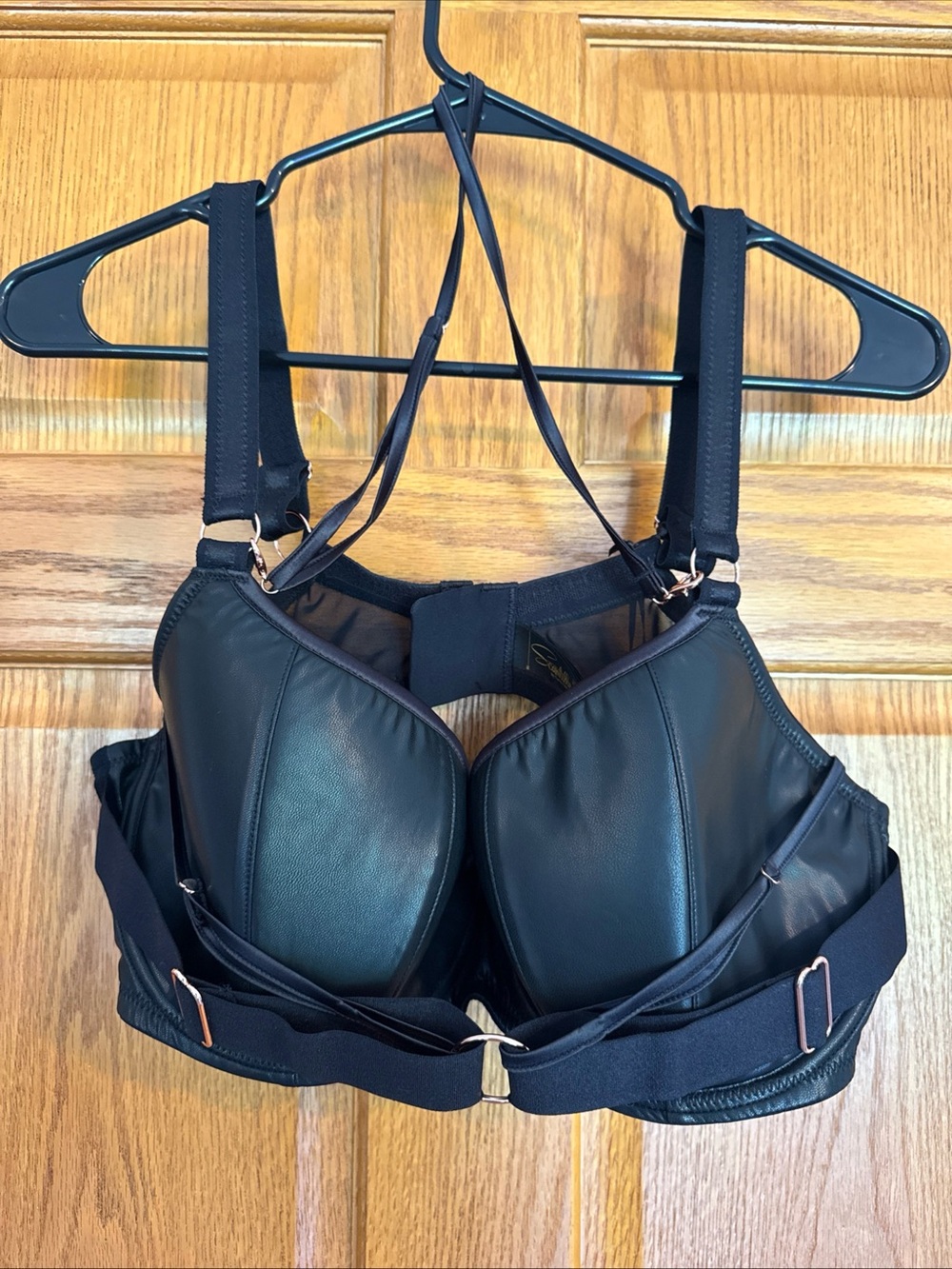 NWT Scantilly Curvy Kate Harnessed Black Faux Leather Bra 38G